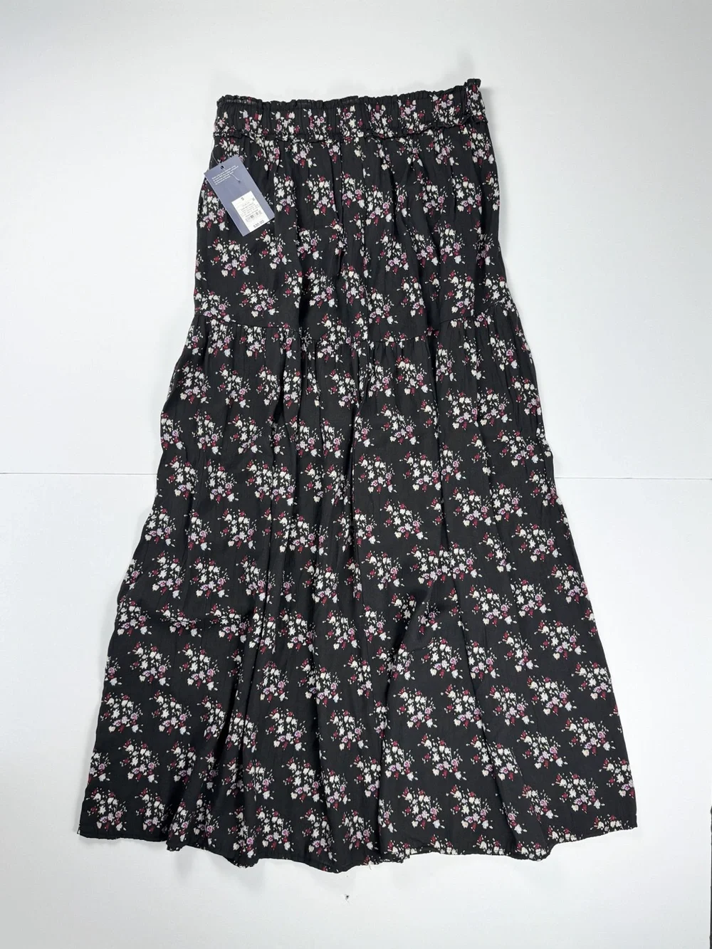 Universal Thread Black Floral Tiered Maxi Skirt with Pink and White Blooms